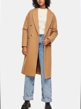 Topshop Classic Double-Breasted Coat in Camel Size 2